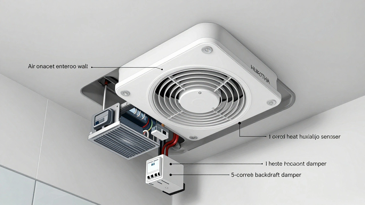 Schnittansicht eines intelligenten Badlüfters mit Wärmerückgewinnung und 5-adrigem Kabel.