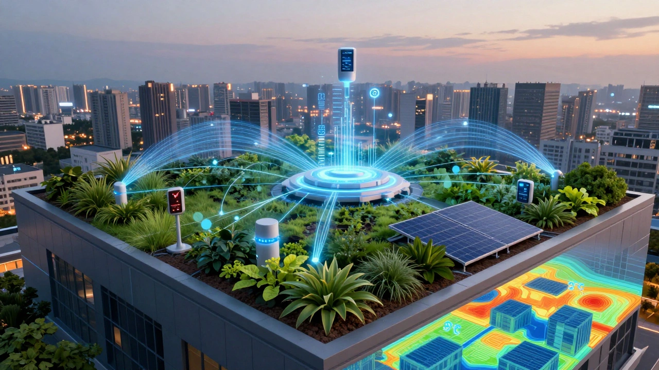 Smartes Dach mit Sensoren und Datenströmen, das Kühleffekte in der Stadt visualisiert, bei Dämmerung mit Solarpanelen und trockenheitstoleranten Pflanzen.