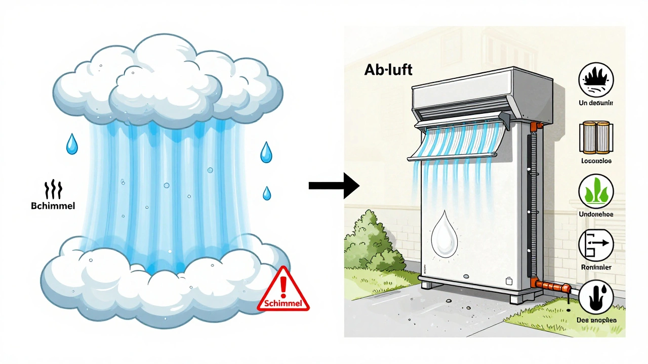 Technische Vergleichsdarstellung: Umluft mit zurückgehaltener Feuchtigkeit vs. Abluft mit abgeführter Luft.