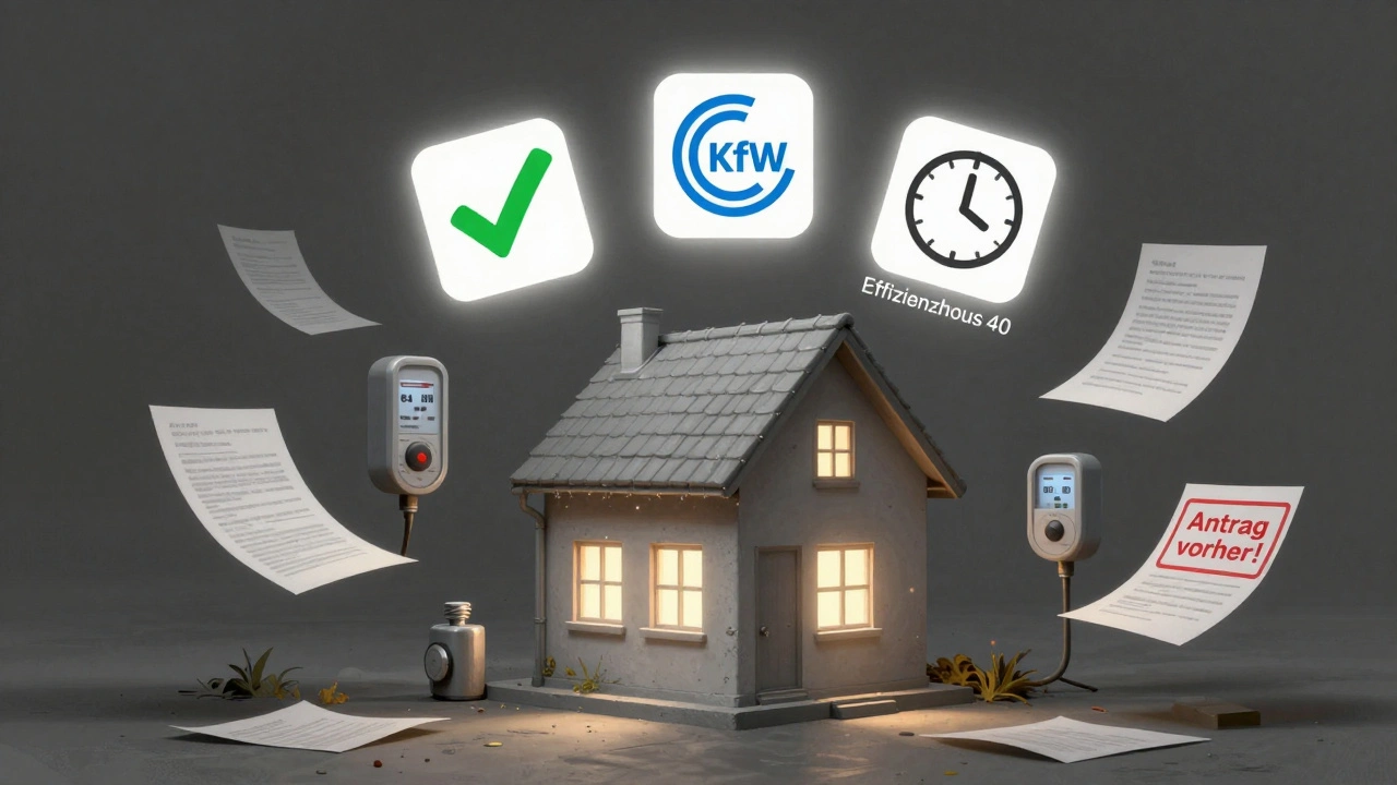 Transformation eines Hauses in ein Effizienzhaus 40 mit Förderungssymbolen und Zeitwarnung.