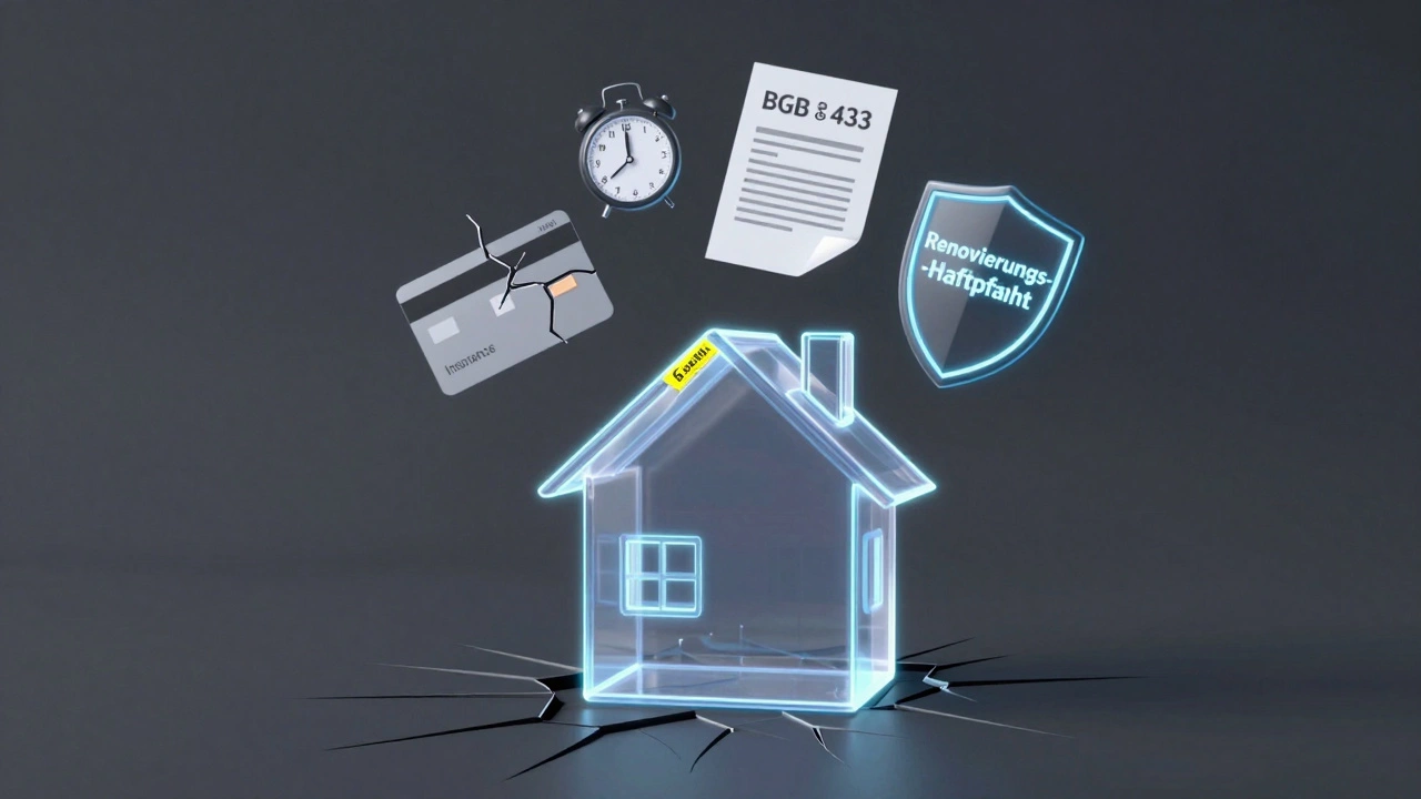 Transparenz-Darstellung eines Hauses mit juristischen Symbolen und einer schützenden Versicherung.