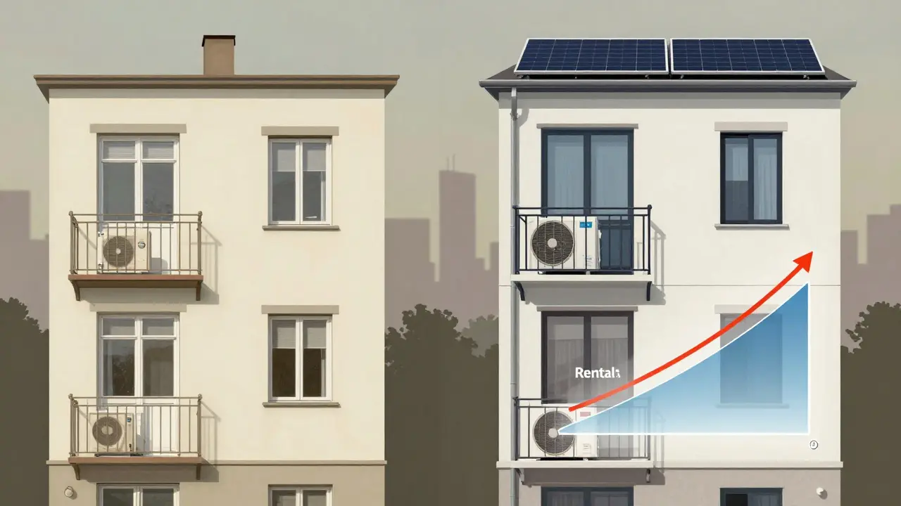 Vergleich einer altmodischen und modernisierten Wohnung mit steigendem Mietwert und CO₂-Reduktion.