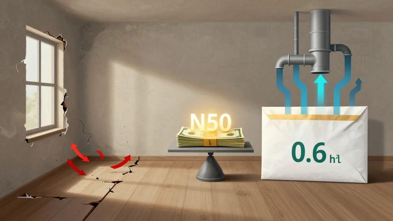 Vergleich eines undichten Hauses mit einem luftdichten, energieeffizienten Haus, mit Luftströmen und n50-Wert als Waage.