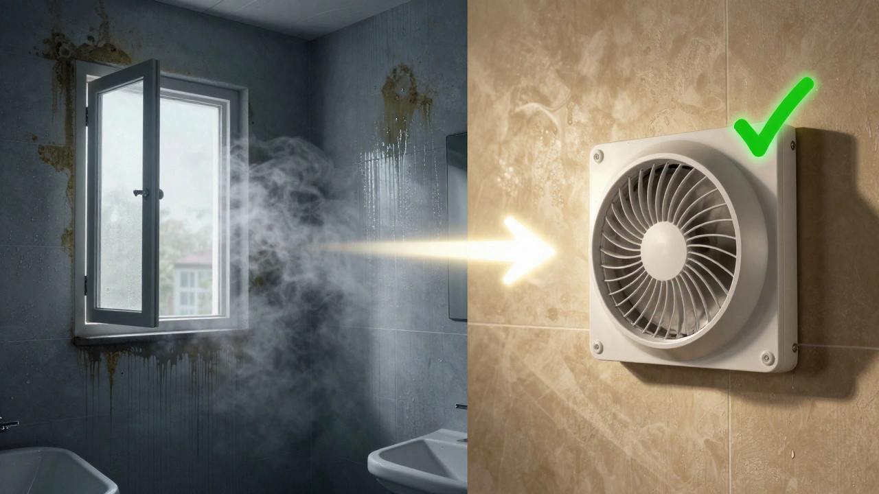 Vergleich: Schimmelige Wand links vs. trockene, moderne Wand mit Lüfter rechts.