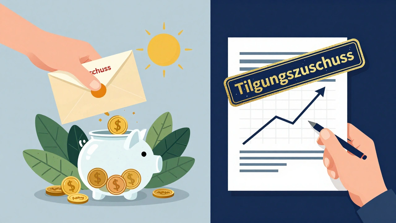 Vergleich von Zuschuss und Darlehen: Geschenkumschlag vs. Kreditvertrag mit Tilgungszuschuss.