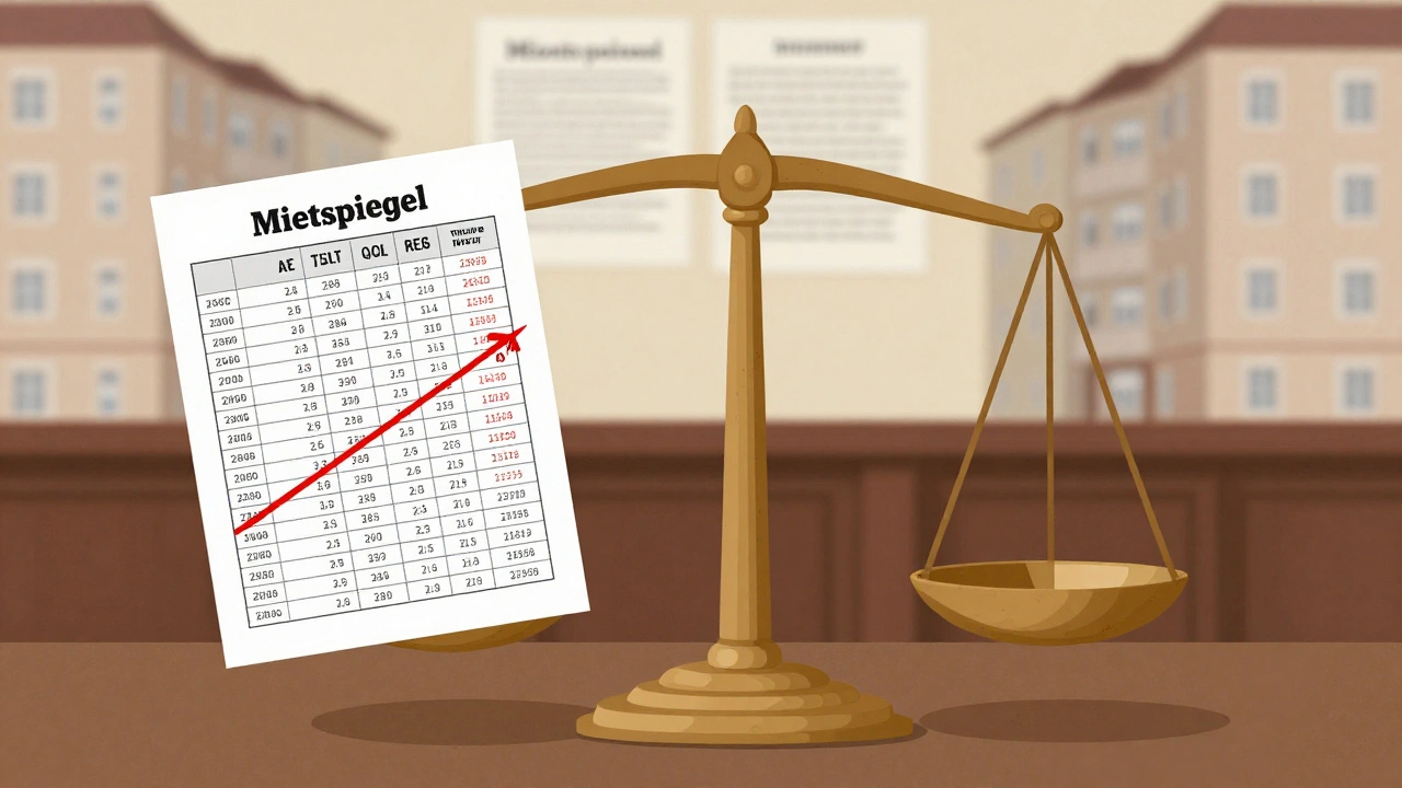 Waage mit Mieterhöhung und Mietspiegel, rote 20%-Grenze, rechtlicher Konflikt symbolisiert.