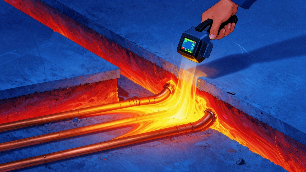 Wärmebild zeigt einen warmen Leckfleck in der Estrichschicht unter einem Rohr.