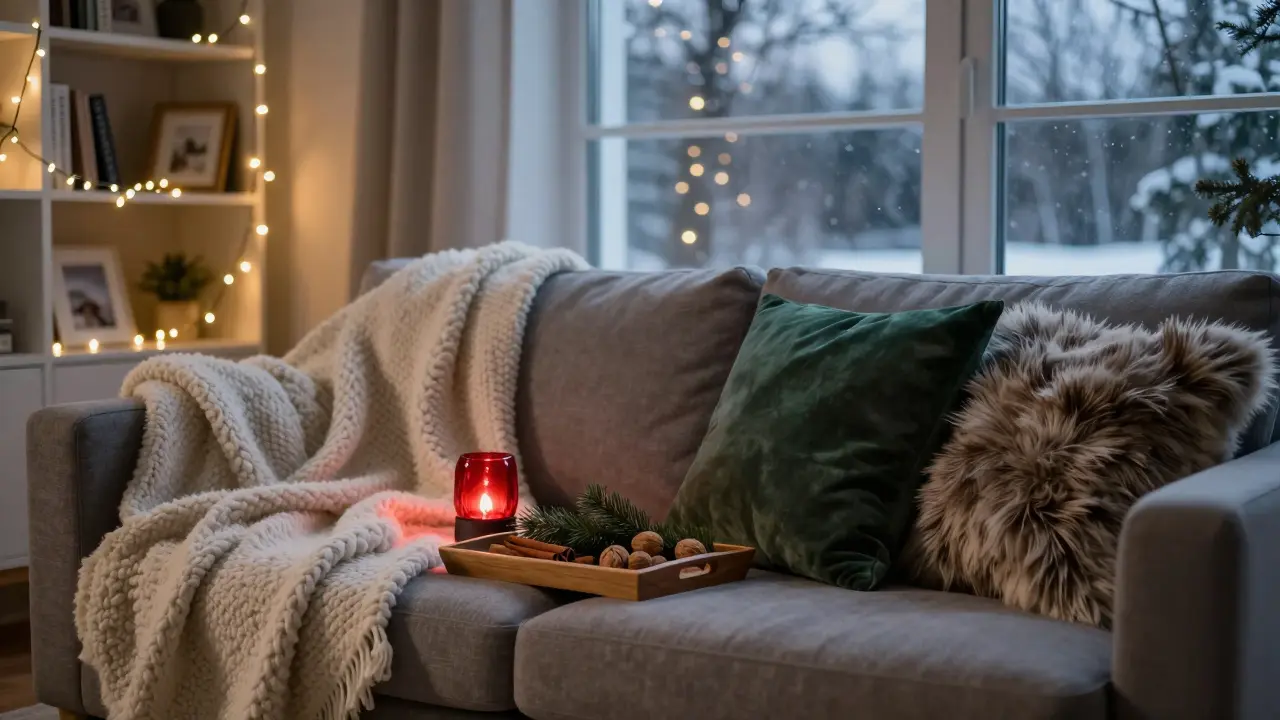 Winterliches Wohnzimmer mit Lichterketten, Wolldecke und Zimtstangen, sanft erleuchtet in der Abenddämmerung.
