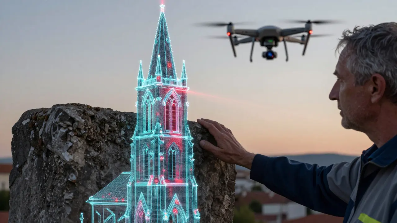 3D-Laserscan eines Kirchturms mit fehlermarkierungen, überlagert mit Hand eines Restaurators.