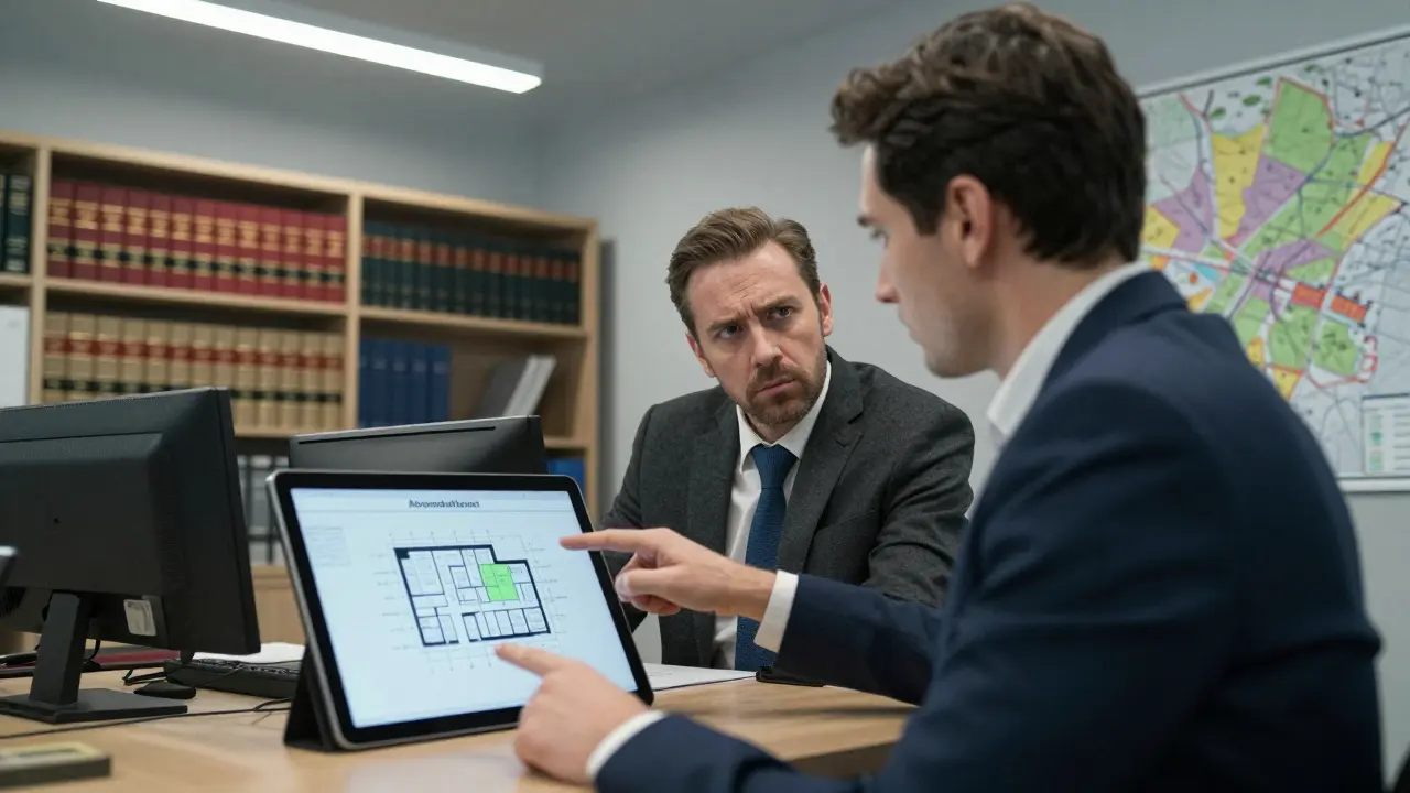 Architekt zeigt digitalen Bauplan einem Bauamt-Mitarbeiter in einem Amtszimmer.