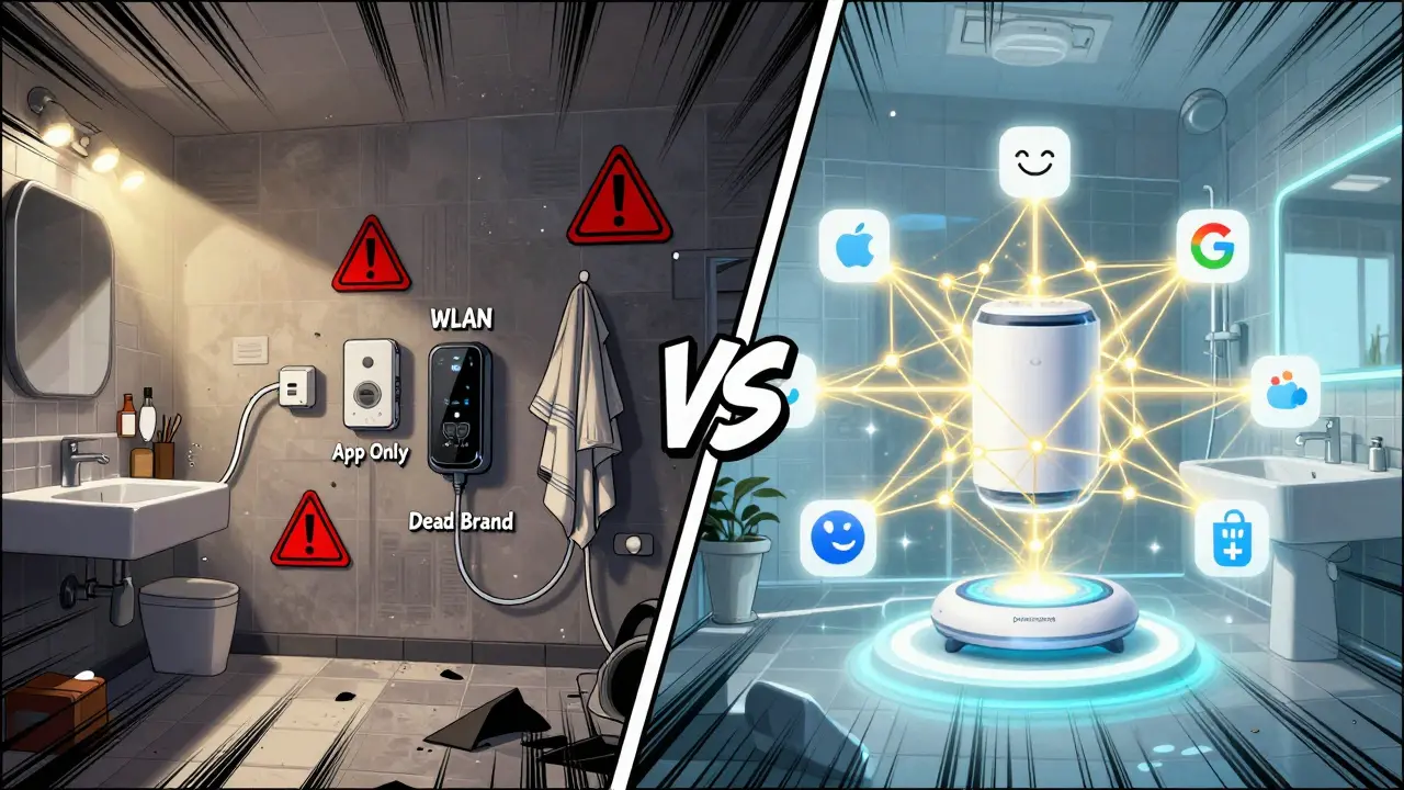 Comic-stil: Chaos durch veraltete WLAN-Geräte vs. harmonische Verbindung von Matter-kompatiblen Sanitärprodukten mit Smart-Home-Zentrale.