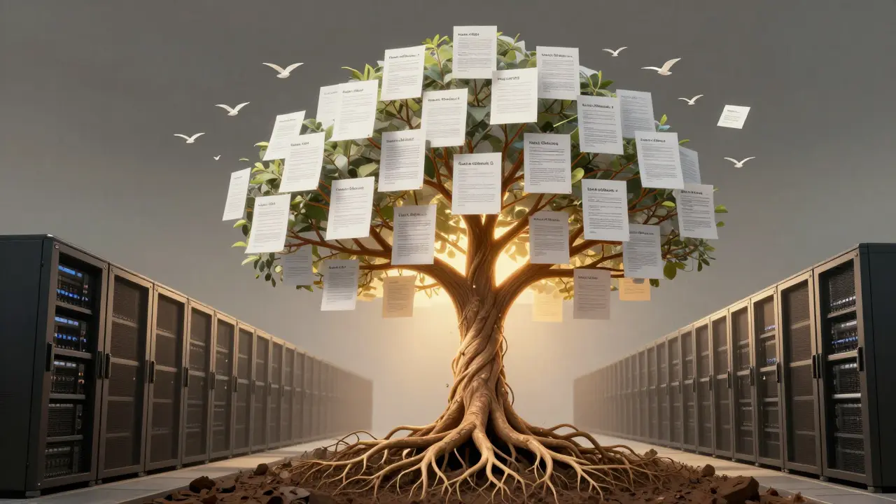 Digitale Baumstruktur aus Dokumenten mit Metadaten-Tags, verwurzelt in einem sicheren deutschen Rechenzentrum.