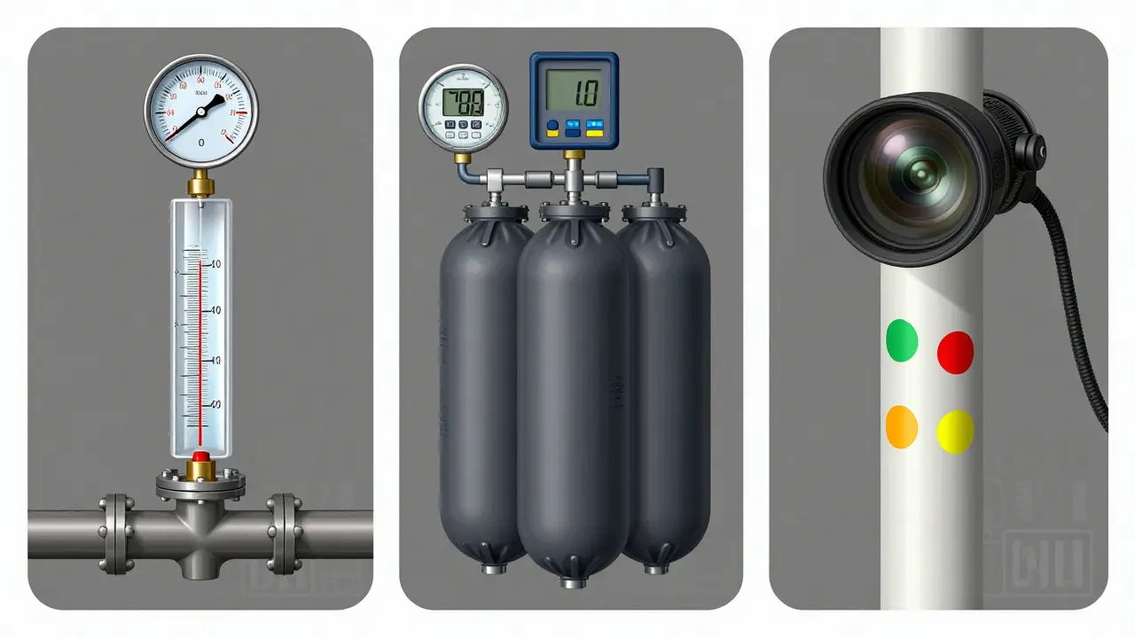 Drei technische Verfahren zur Dichtheitsprüfung: Wasserdruck, Luftdruck und Kamerainspektion in übersichtlicher Darstellung.