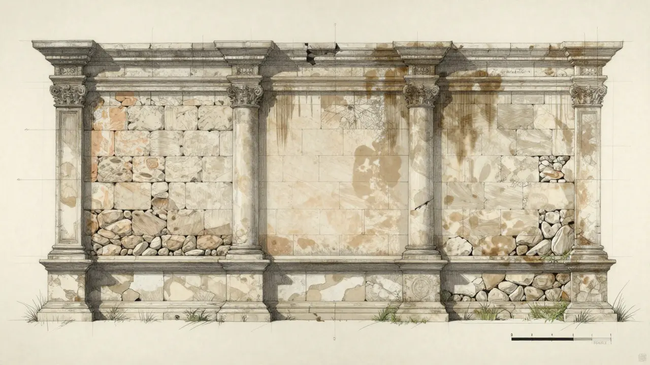 Drei transparente Ebenen zeigen Originalsubstanz, Schäden und Sanierungsmaßnahmen an einer Fassade.