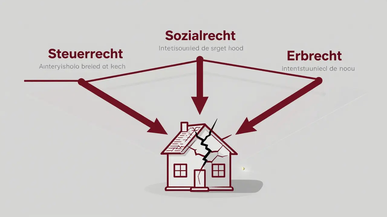 Drei überlappende Zeitachsen zeigen, wie Steuerrecht, Sozialrecht und Erbrecht unterschiedlich die 10-Jahres-Frist bei Immobilienschenkungen berechnen.