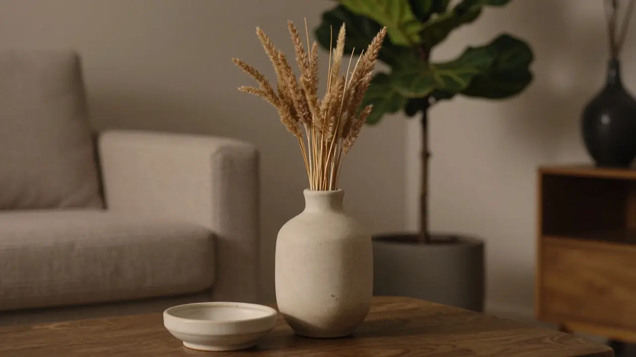 Drei vertikale Dekoelemente: Kerzenhalter, Vase und Pflanze, geschickt in Höhen gestaffelt, mit natürlichen Texturen und warmem Licht.