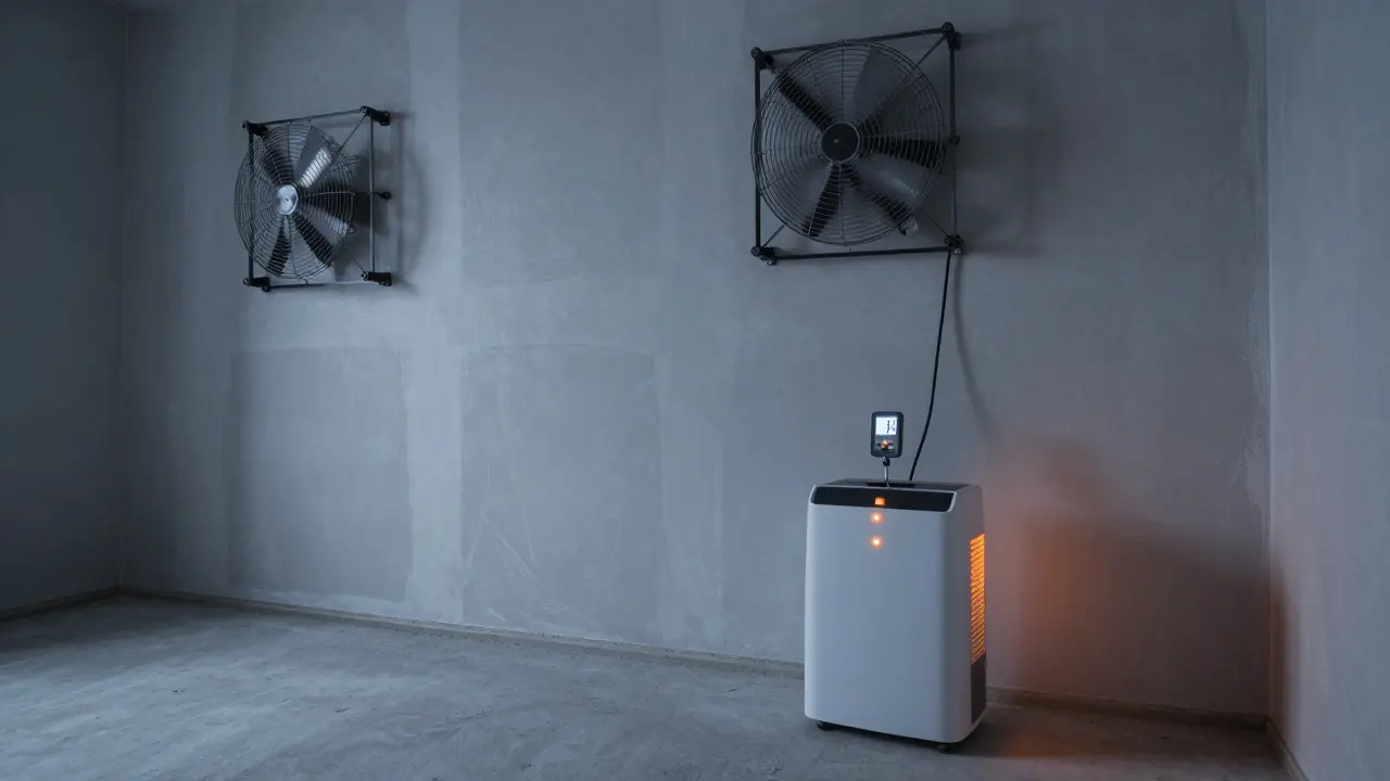 Ein Bautrockner und Ventilatoren trocknen frischen Gipsputz, während ein Feuchtigkeitsmessgerät einen Wert unter 1% anzeigt.