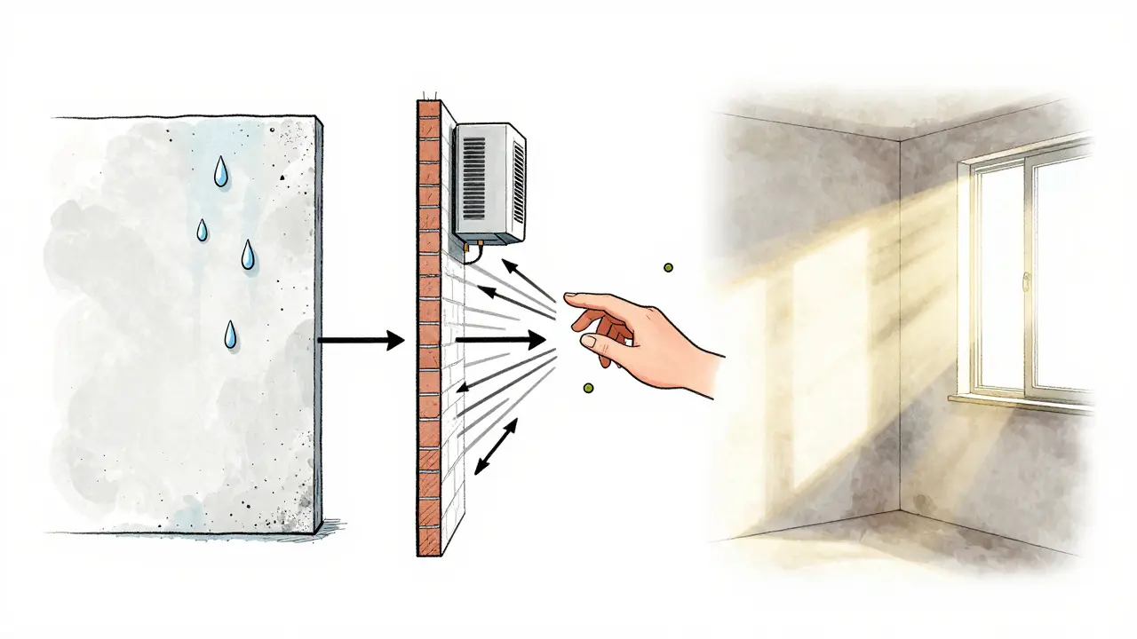 Ein konzeptuelles Bild zeigt den Trocknungsprozess von nassem Putz bis zu trockenen Wänden mit Luftzirkulation und Entfeuchtung.