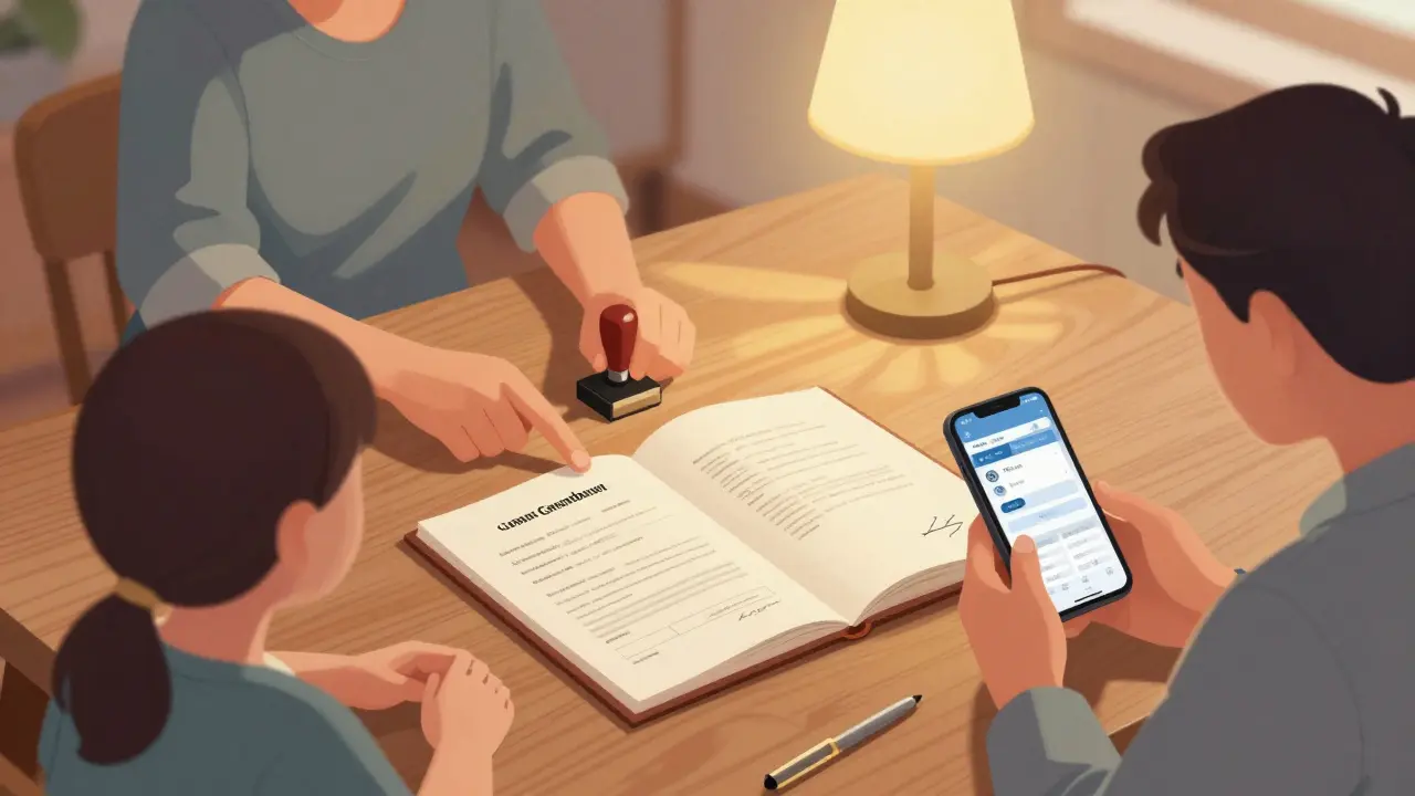 Familie bespricht Erbfolge mit Unterlagen am Tisch.