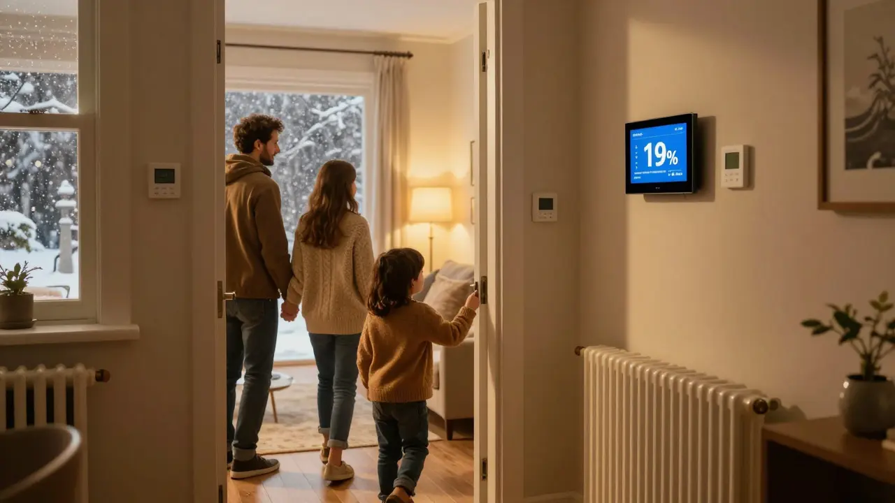 Familie betritt ihre warme Wohnung im Winter, Smart-Thermostate an Heizkörpern sichtbar, digitale Einsparanzeige an der Wand.