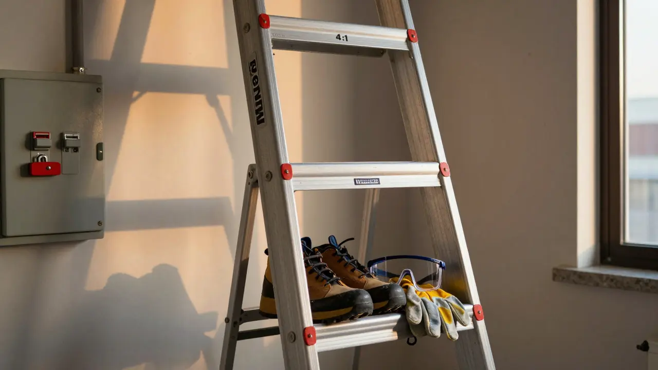 Fiberglas-Leiter steht sicher im 4:1-Winkel, Sicherheitsschuhe und Handschuhe liegen darunter, kein Mensch auf der Leiter.