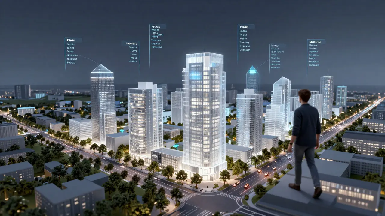 Fiktive 3D-Darstellung eines zukünftigen Bebauungsplans mit transparenten Gebäuden und Regeln.