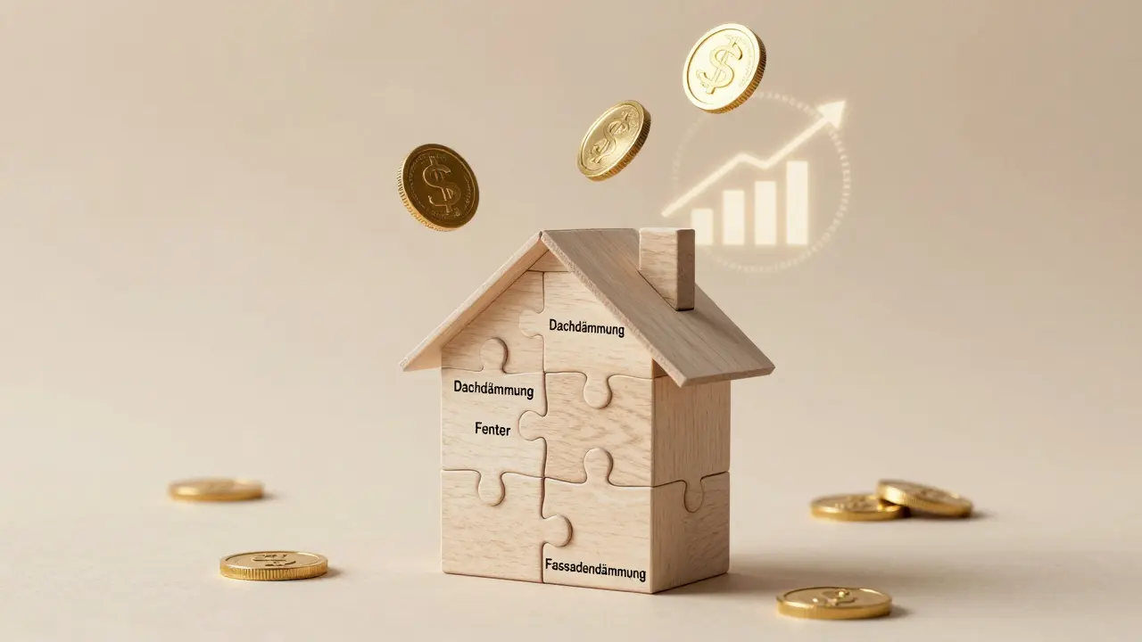 Haus als Puzzle mit Sanierungsmaßnahmen, die zusammenpassen, während Einsparungen und Förderung symbolisch dargestellt sind.