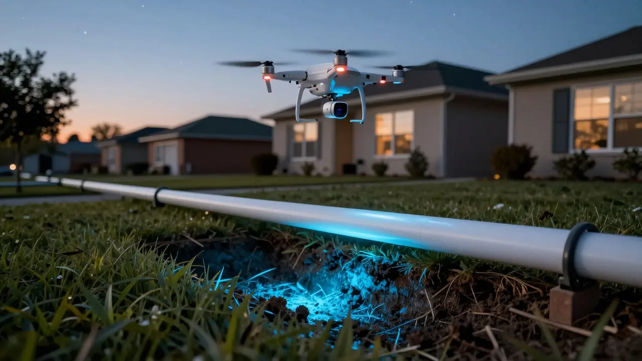 Haus mit versteckter undichter Abwasserleitung, blauer Lichtschimmer deutet auf Bodenverunreinigung hin.