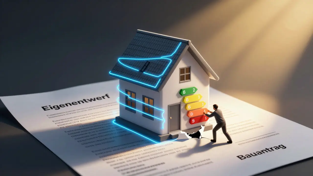 Haus wächst aus rechtlichen Dokumenten, umgeben von Energie- und Sicherheitsstandards.