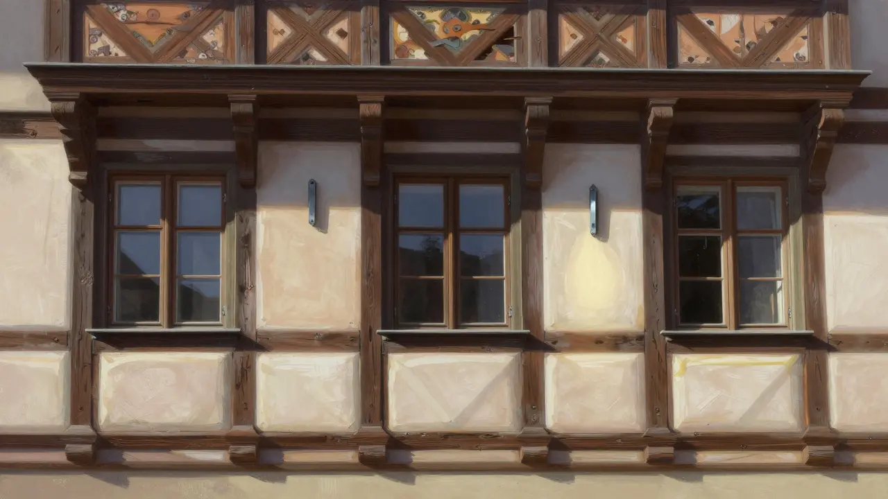 Historische Fachwerkfassade mit drei verschiedenen Sanierungsmethoden an den Balkenenden.