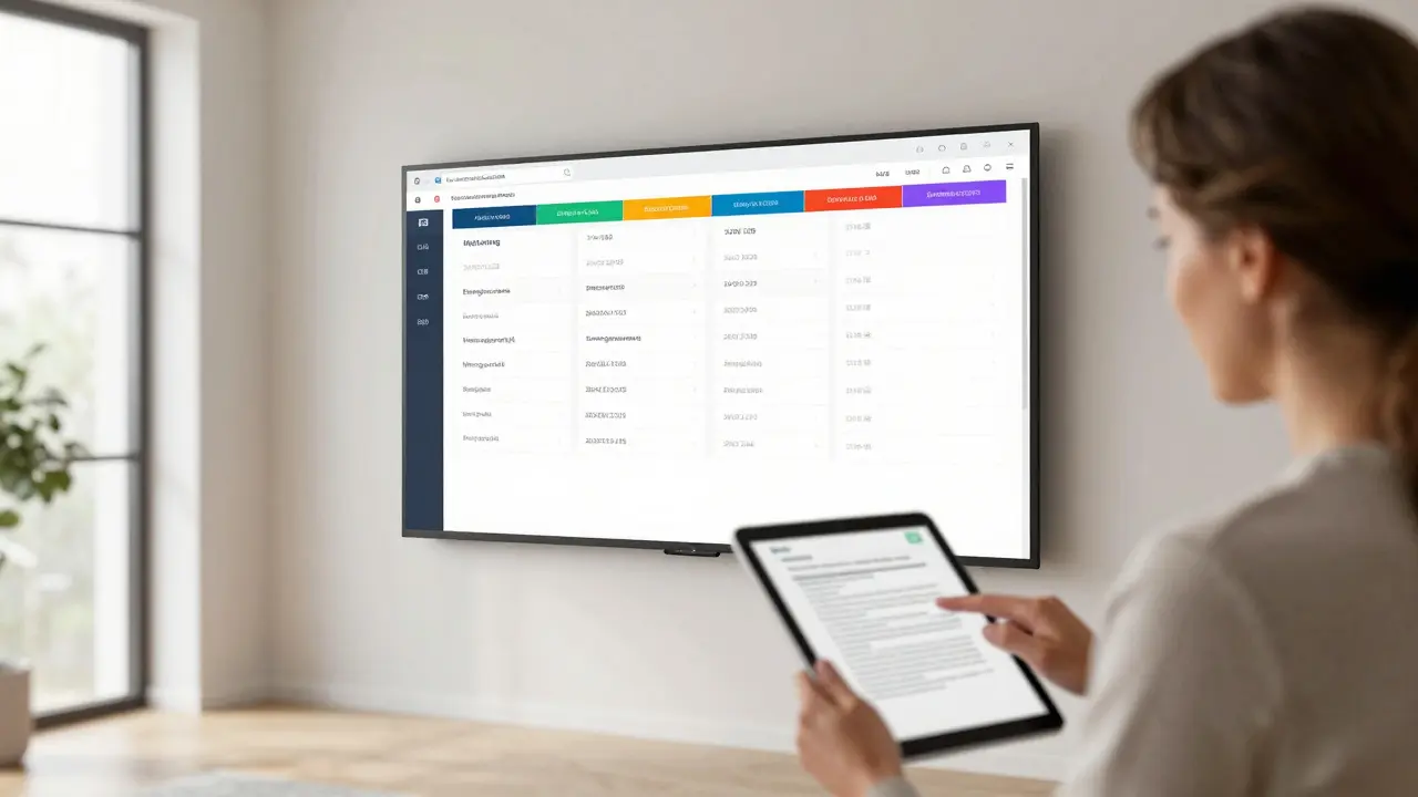Immobilienbesitzer sucht mit einem Tablet ein Dokument in einer digitalen, farblich gekennzeichneten Archiv-Oberfläche.