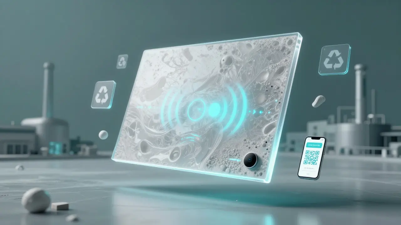 Intelligente Gipskartonplatte mit eingebauten Feuchtigkeitssensoren und Recycling-Elementen in futuristischem Stil.