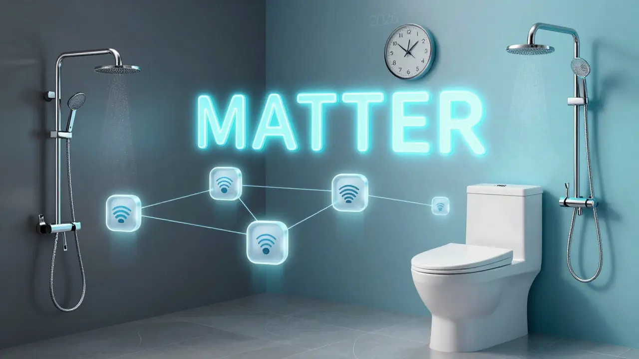 Konzeptuelles Bild mit schwebenden Netzwerk-Knoten, die intelligente Sanitärgeräte über Matter, Zigbee und Z-Wave verbinden.