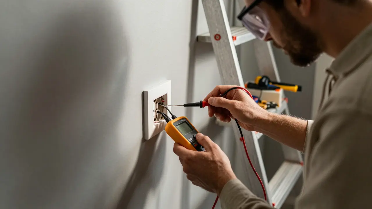 Person prüft mit einem zertifizierten Spannungsprüfer Phase und Nullleiter einer Steckdose, fiberglass Leiter steht sicher entfernt.