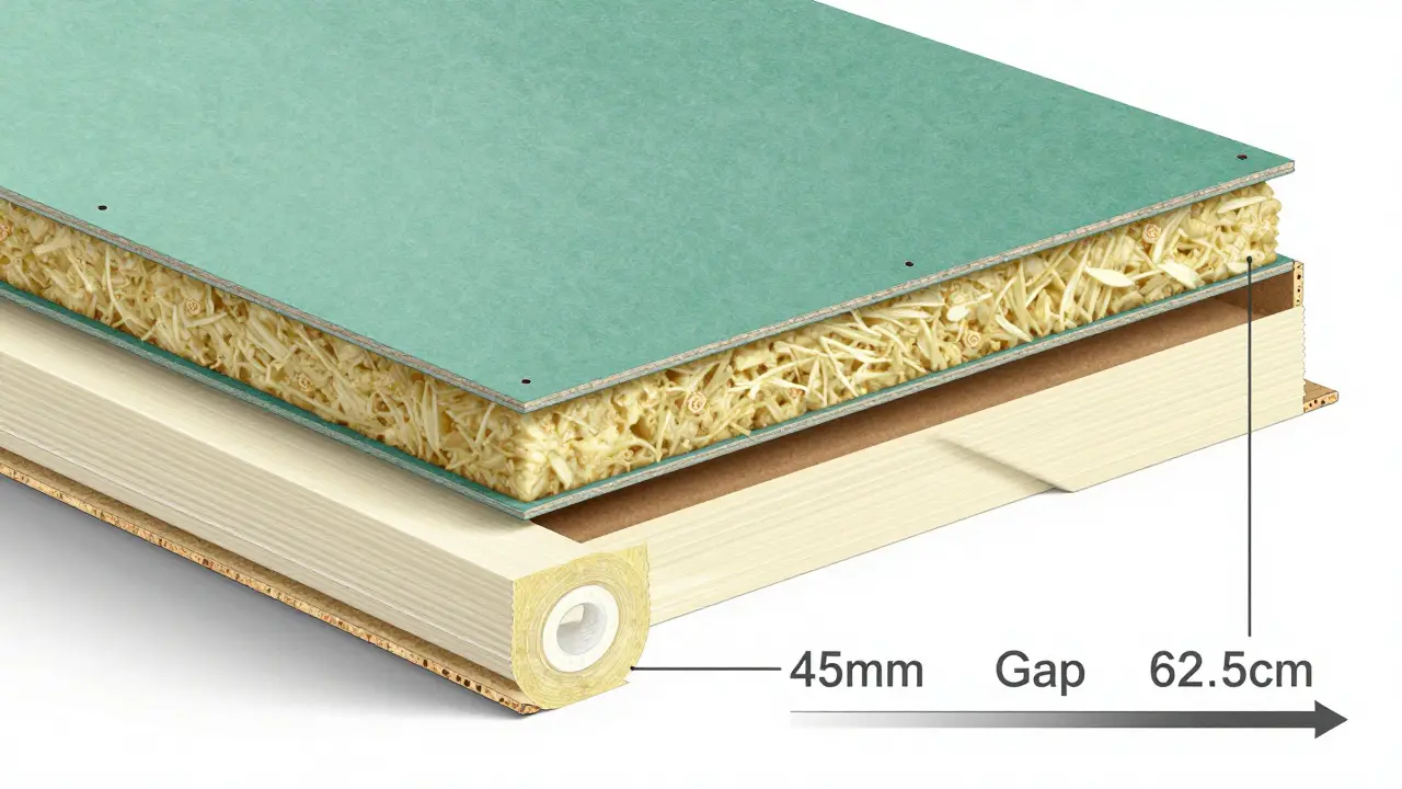 Querschnitt einer schalldämmenden Trockenbauwand mit Dichtband, Mineralwolle und doppelter Fugenverklebung.