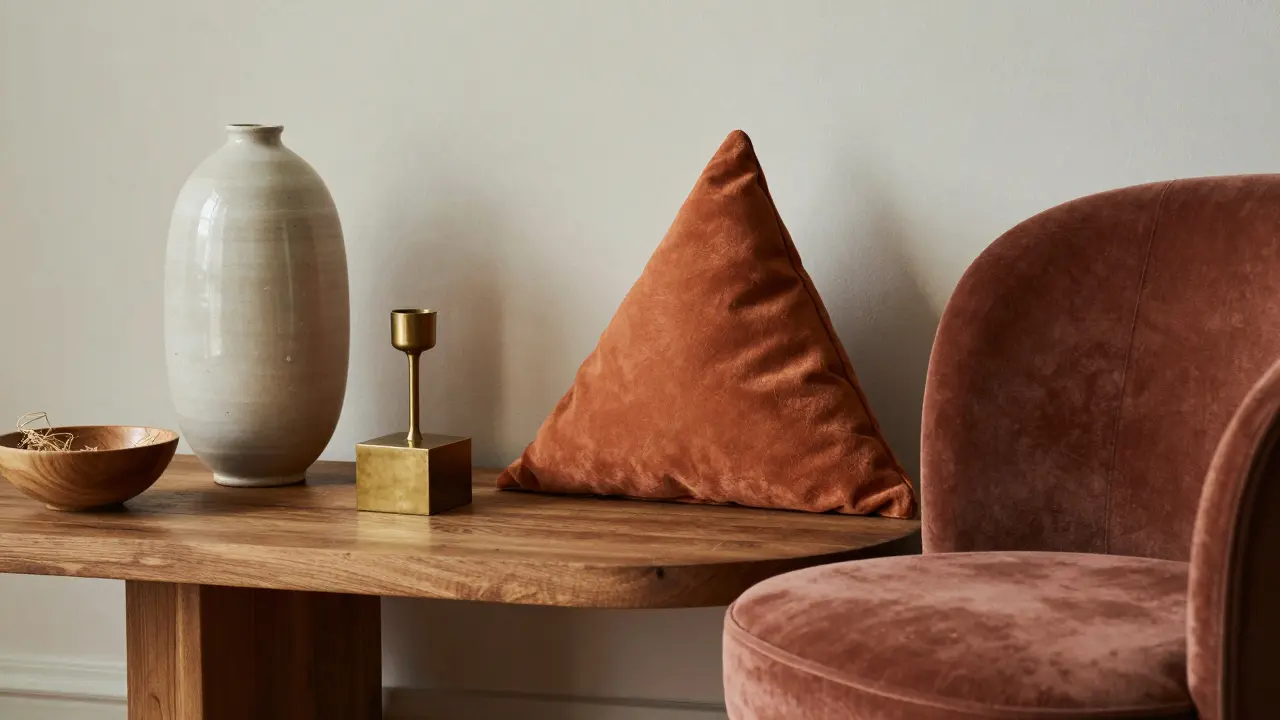 Runde und eckige Deko-Elemente auf einem Holztisch: ovale Vase, quadratischer Kerzenhalter und dreieckiges Kissen auf einem runden Sessel.