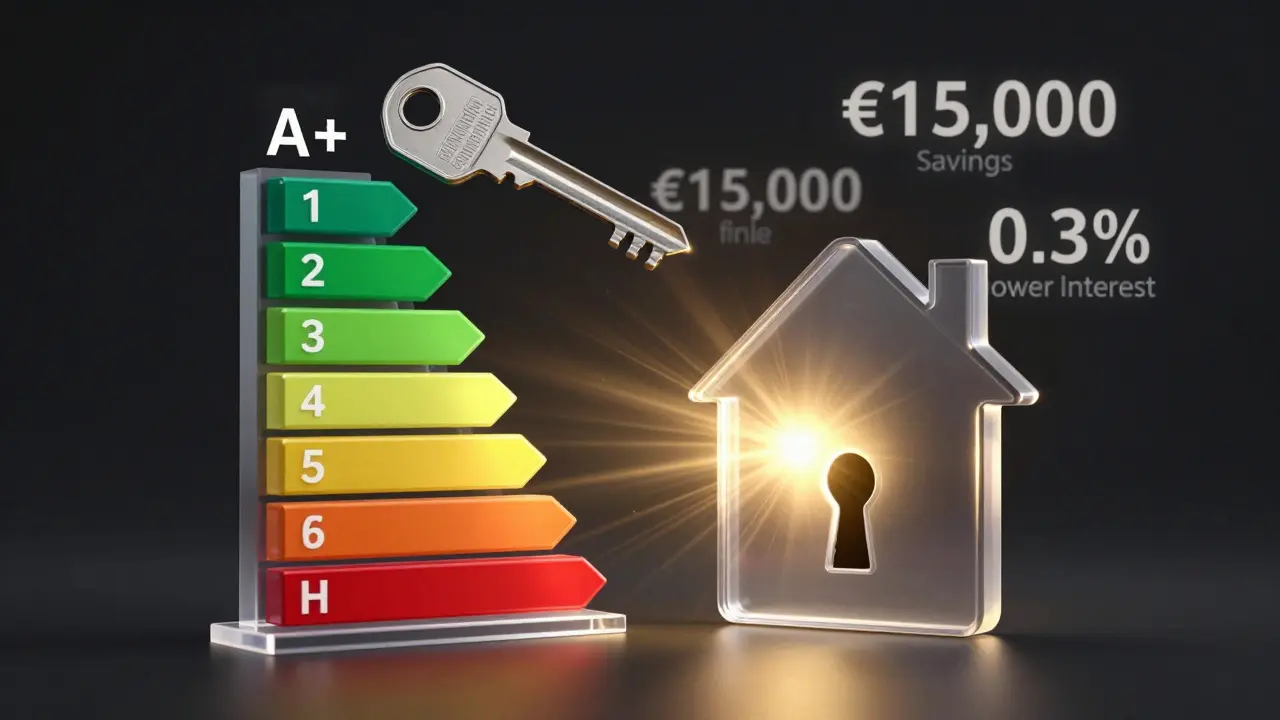 Schlüssel aus Energieeffizienz-Chart öffnet ein Hausschloss, goldenes Licht strahlt heraus, Zahlen für Einsparungen schweben darum.