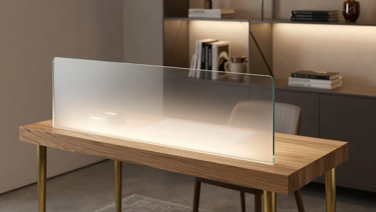 Schreibtisch aus modifiziertem Holz, Messing und intelligentem Glas mit milchigem Effekt