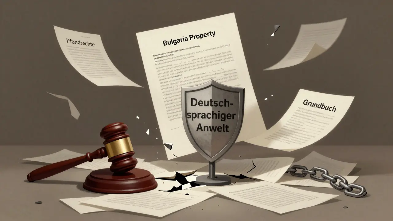 Symbolische Darstellung rechtlicher Risiken bei Auslandsimmobilien mit Schutzschild des Anwalts