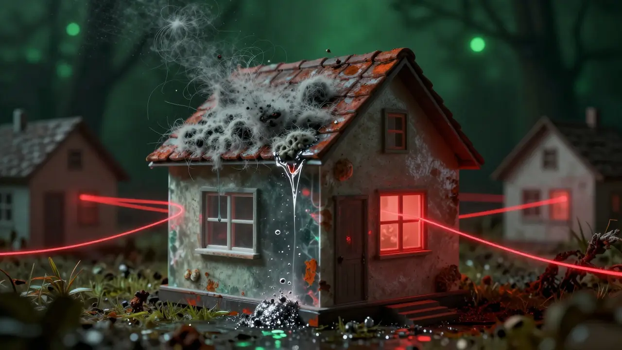 Transparentes Haus mit verborgenen Schadstoffen wie Asbest und PCB.