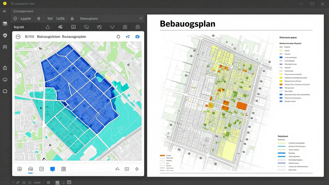 Vergleich von digitaler Karte und gedrucktem Bebauungsplan mit wichtigen Bauvorschriften.
