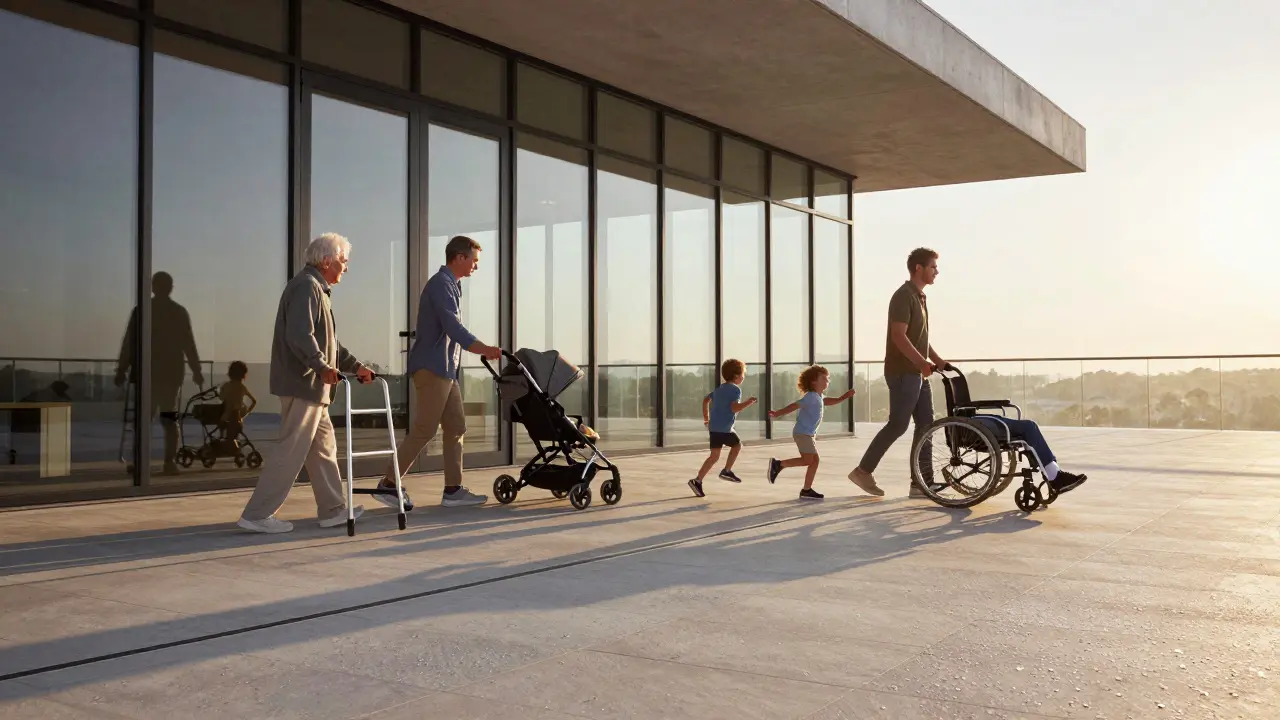 Verschiedene Menschen bewegen sich sicher und ungehindert über einen ebenerdigen Balkonübergang.