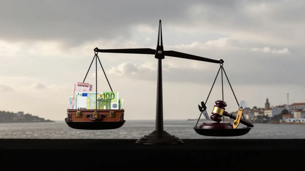 Waage mit Mieteinnahmen gegenüber Rechts- und Währungsrisiken vor mediterranem Hintergrund