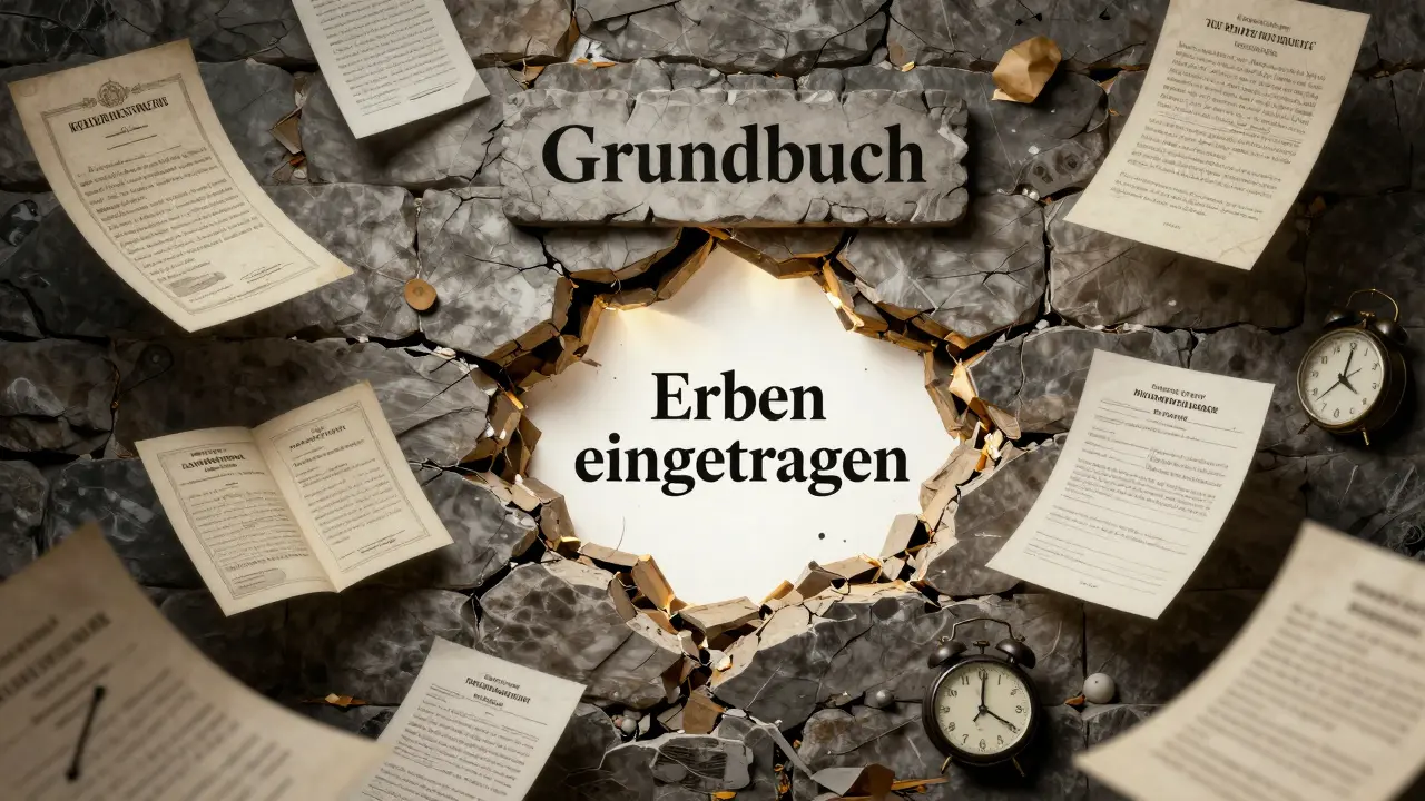 Zerfallendes Grundbuch mit neuem Erben-Eintrag und Uhr.