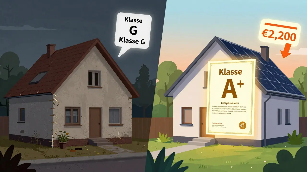 Zwei Häuser vergleichend: links alt und ineffizient mit Klasse G, rechts modern und effizient mit Klasse A+.