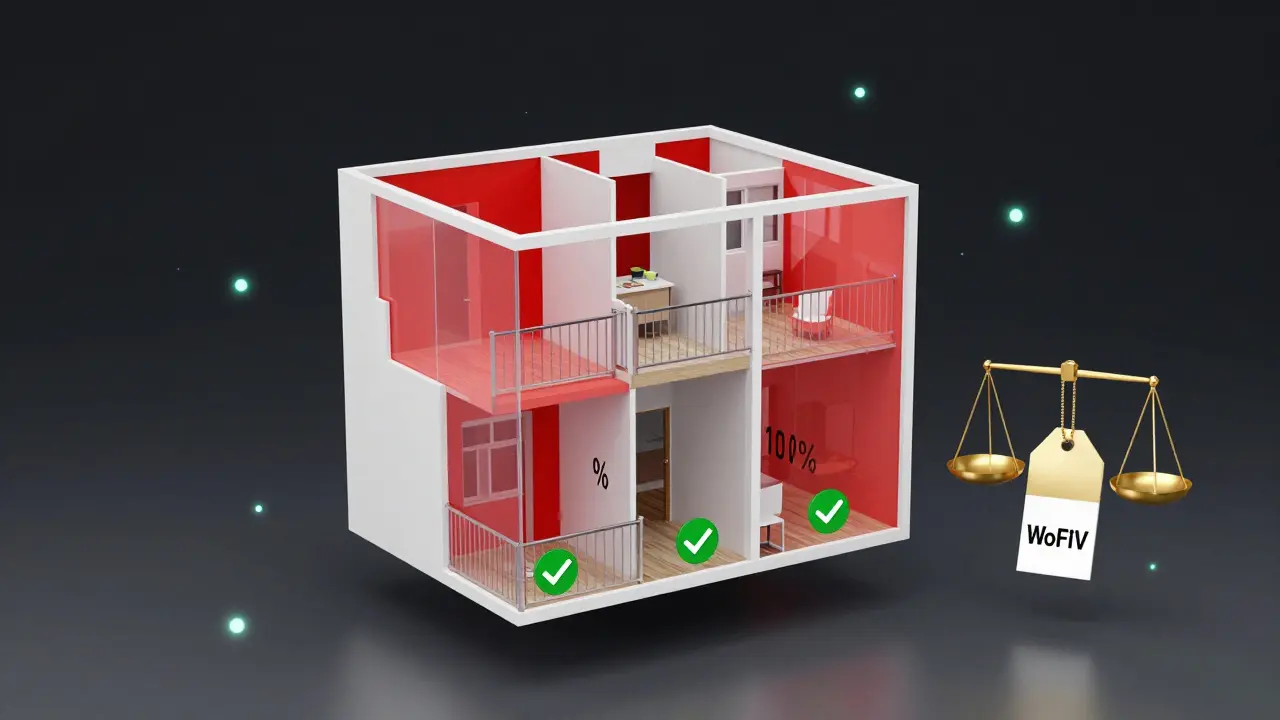 3D-Wohnungsmodell mit fehlerhaften und korrekten Flächenangaben nach WoFIV, visualisiert als farbige Warnzonen.