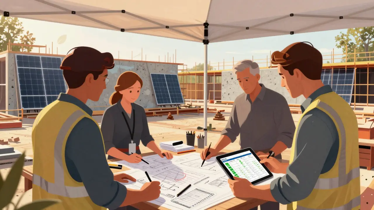 Architekten und DGNB-Auditor analysieren nachhaltige Baupläne an einer Baustelle mit recycelten Materialien und Photovoltaikglas.