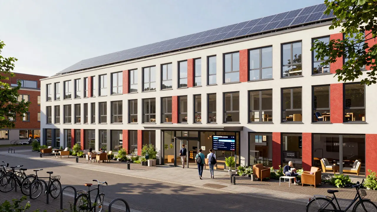 Converted office building turned into student housing with communal areas and solar panels.