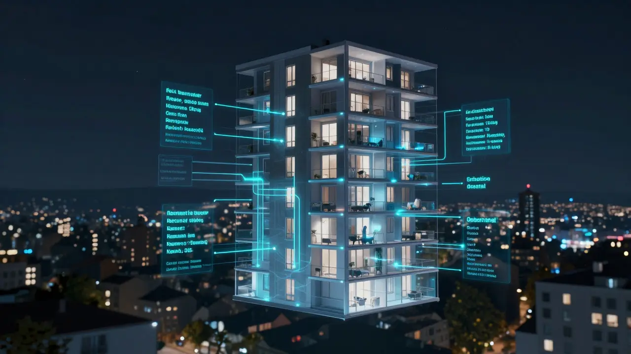 Digitaler Zwilling eines Wohngebäudes mit Echtzeit-Datenströmen für Mieter, Heizung und Wartung.