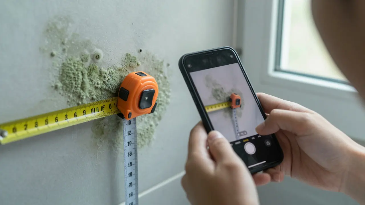 Dokumentation eines Schimmelbefalls mit Maßband bei Wohnungsübergabe.